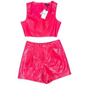 7 For All Mankind Hot Pink Vegan Leather Crocodile Crop Top Shorts Set M NEW Tag